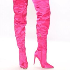 Fashion Nova Hot Pink Satin Over-the-Knee Boots - 8.5
